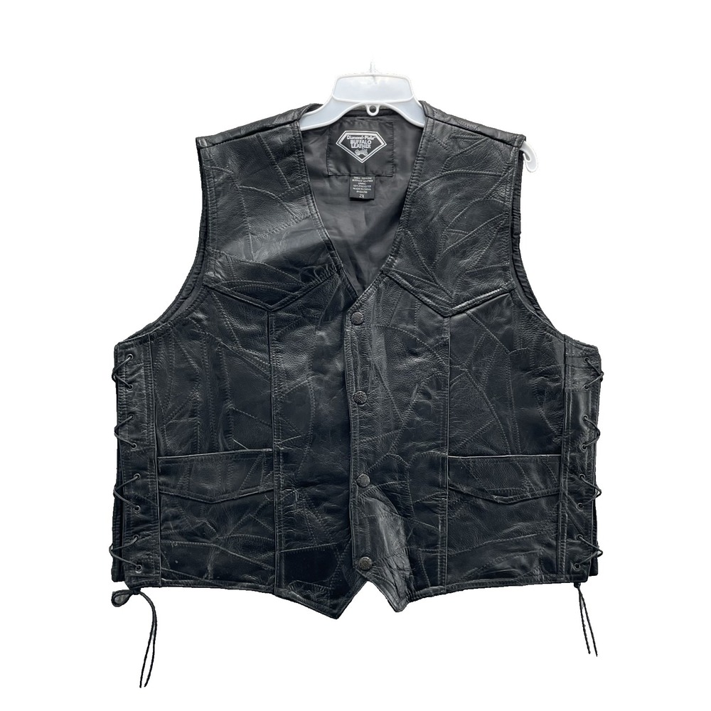 Diamond 100% Buffalo Leather Vest Men's 2X Moto Biker Western Cowboy Riding 90's